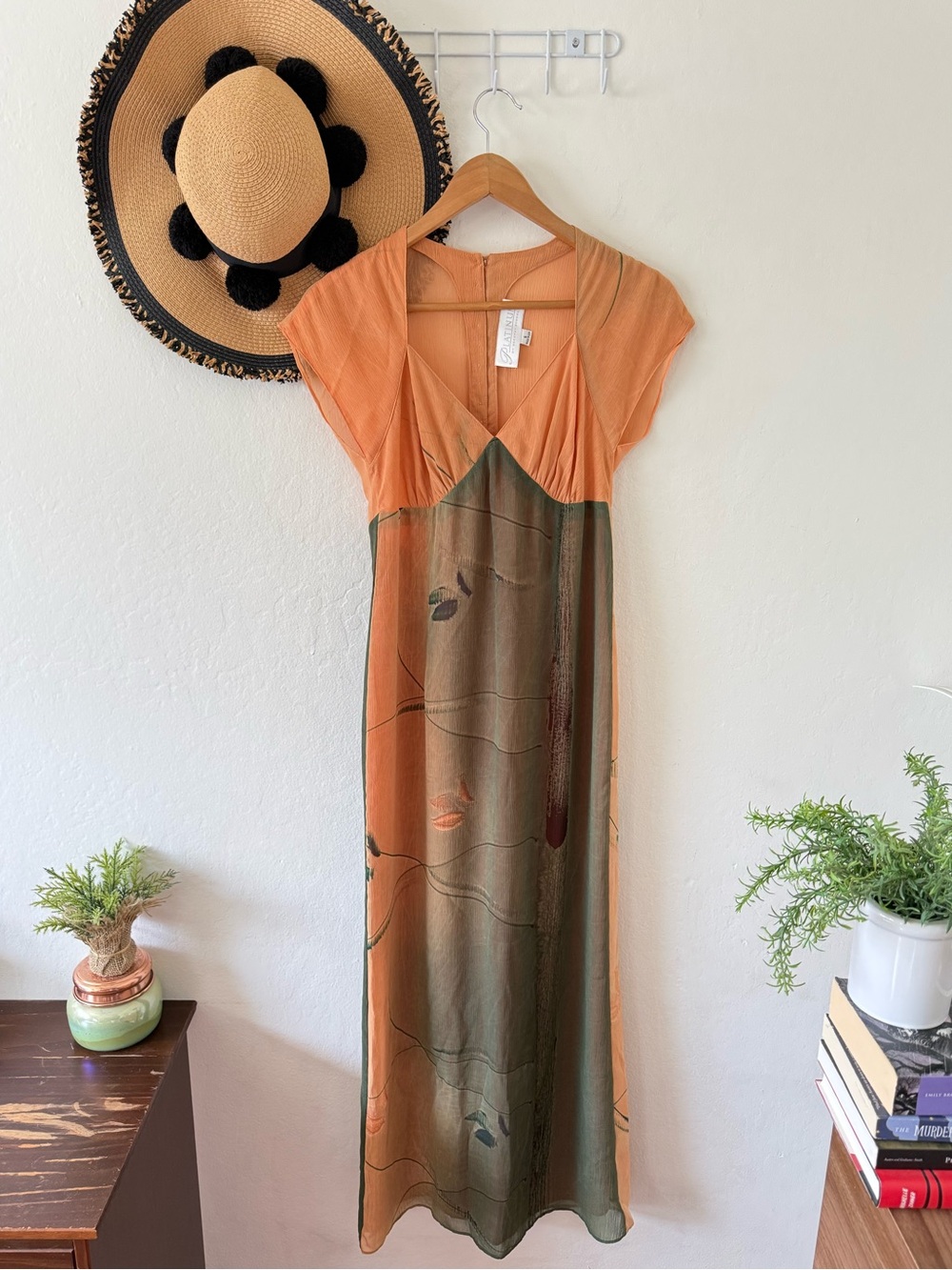 Vintage 90s Platinum by Dorothy Schoelen Peach & Green Chiffon Maxi Dress Size 6